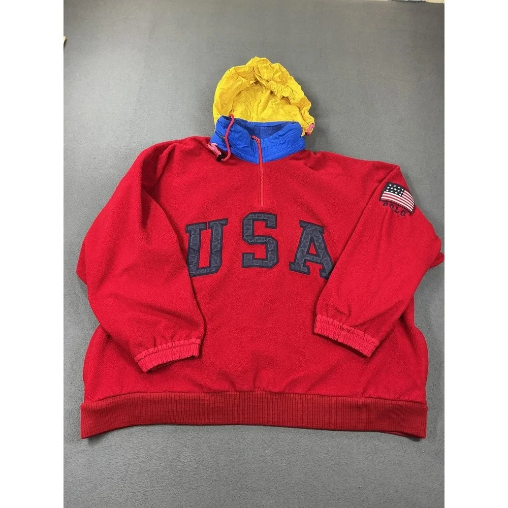 Polo Ralph Lauren Hoodie Mens XL Red USA Flag Fleece 1/4 Zip Hooded Pullover 90s